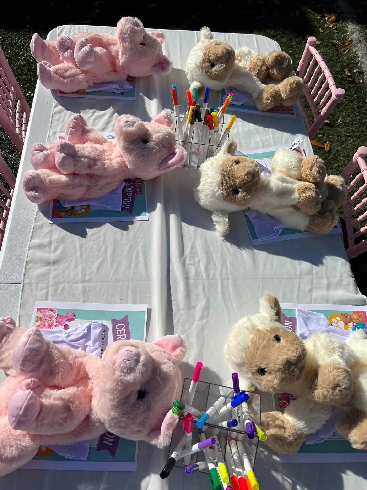 A table with several stuffed animals and a build a buddy kit on it.
